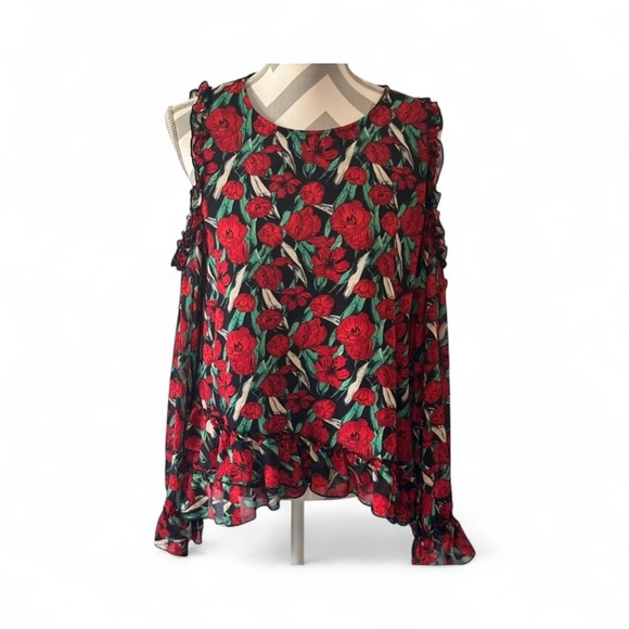Women’s Krazy Kat Floral Cold Shoulder Blouse Size Medium Red Black Ruffle Hem - Picture 1 of 10